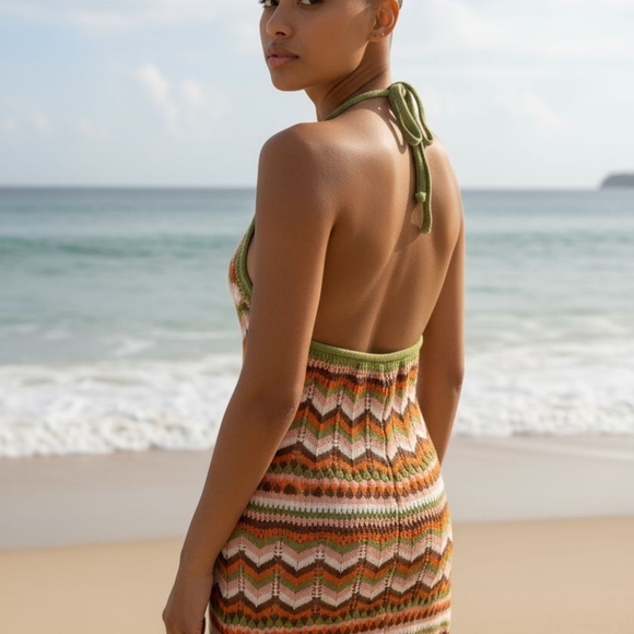 Vibrant Chevron Knit Halter Mini Dress - Picture 2 of 9